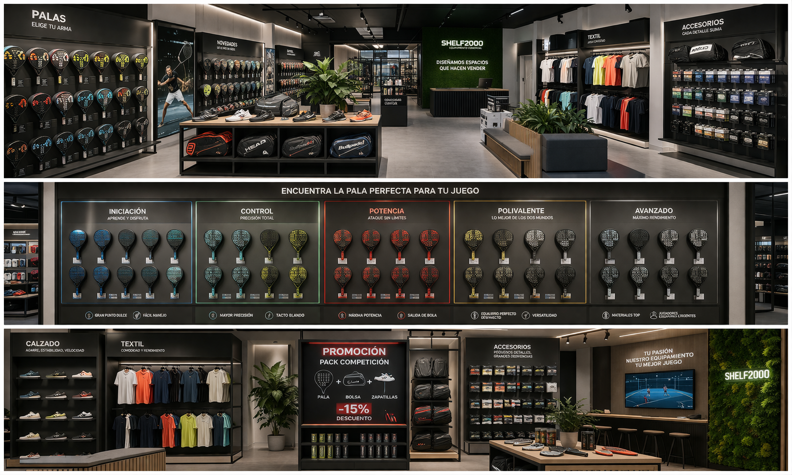 Zona comercial de tienda de pádel preparada para rotación de campañas, accesorios y promociones